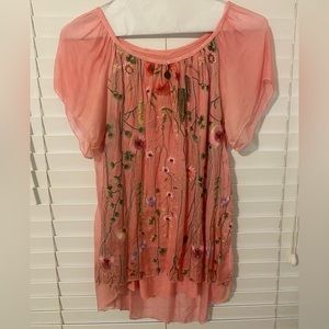 Italian embroidered flowers flowy pink top size M